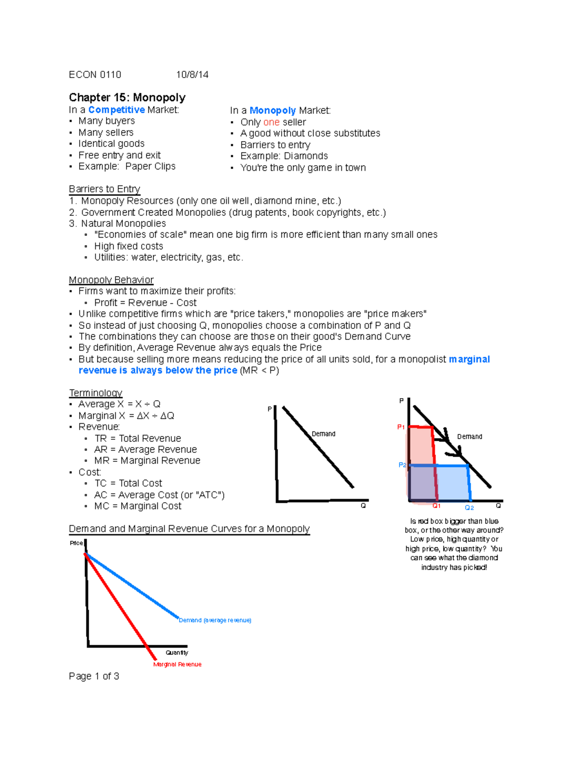 Note 15 - Summary - Chapter 15 - ECON 0110 10/8/ Chapter 15: Monopoly ...