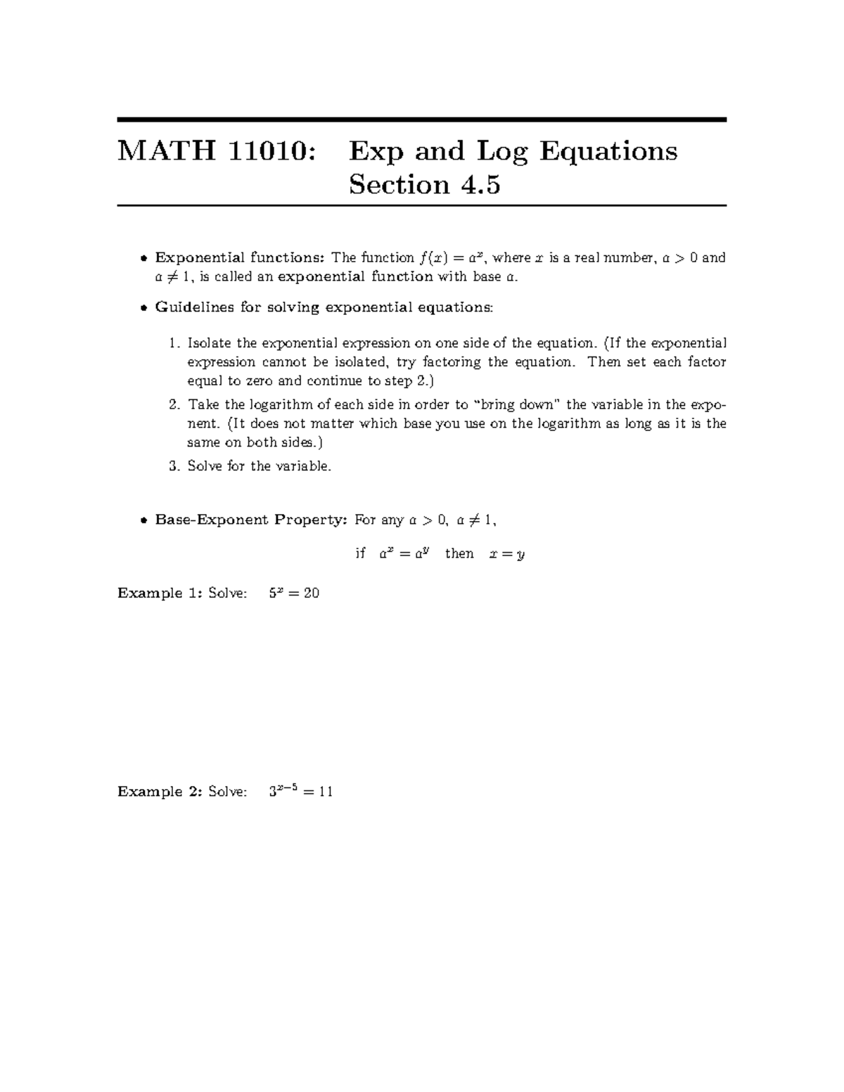 Exp And Log Equations - MATH 11010: Exp and Log Equations Section 4 ...