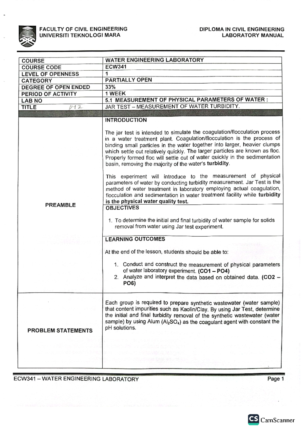 Jar Test Measurement of Water Turbidity Lab Manual lab water