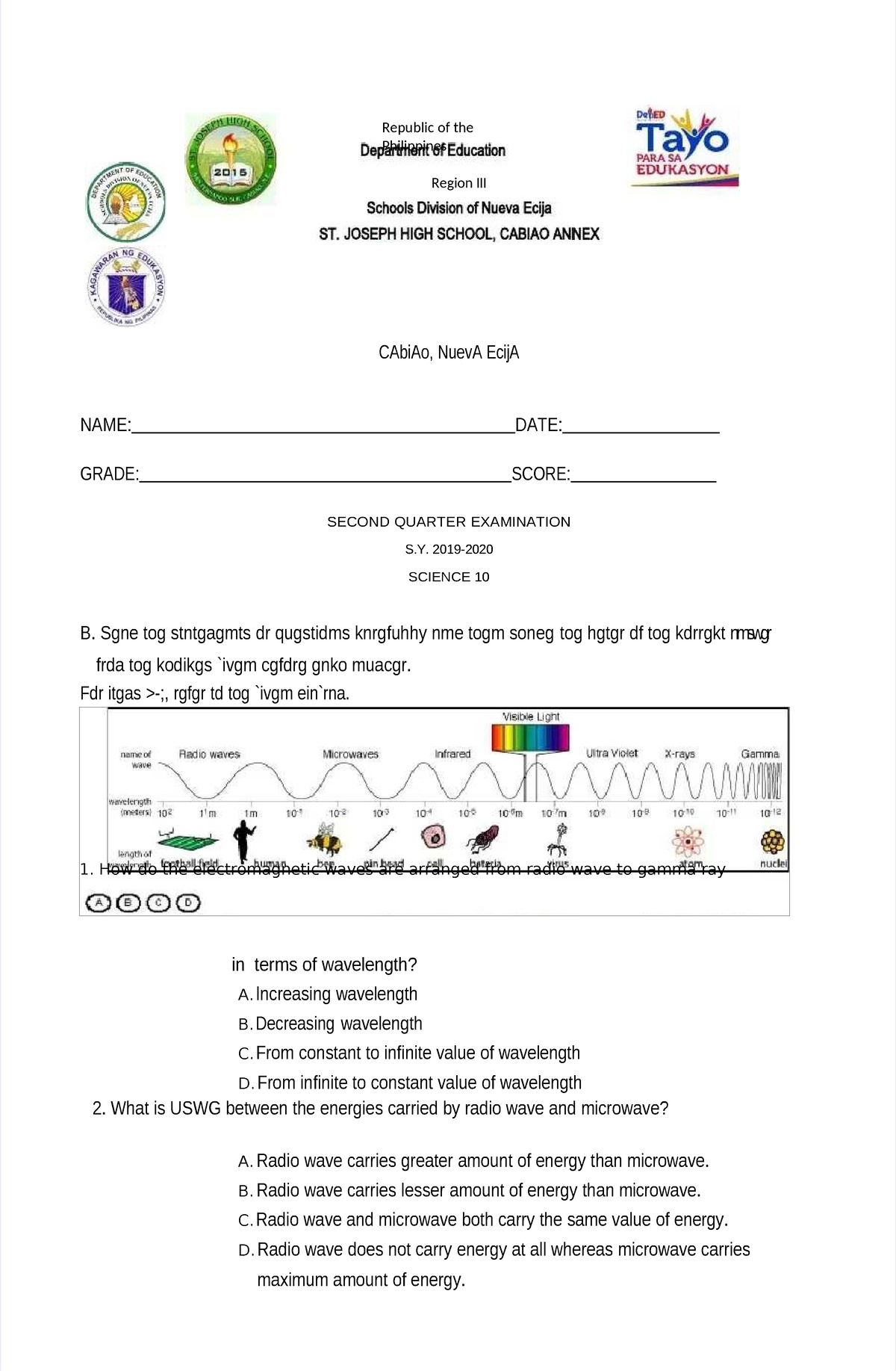 Pdf 2nd Quarter Exam Science 10 - Republic Of The Philippines Region ...