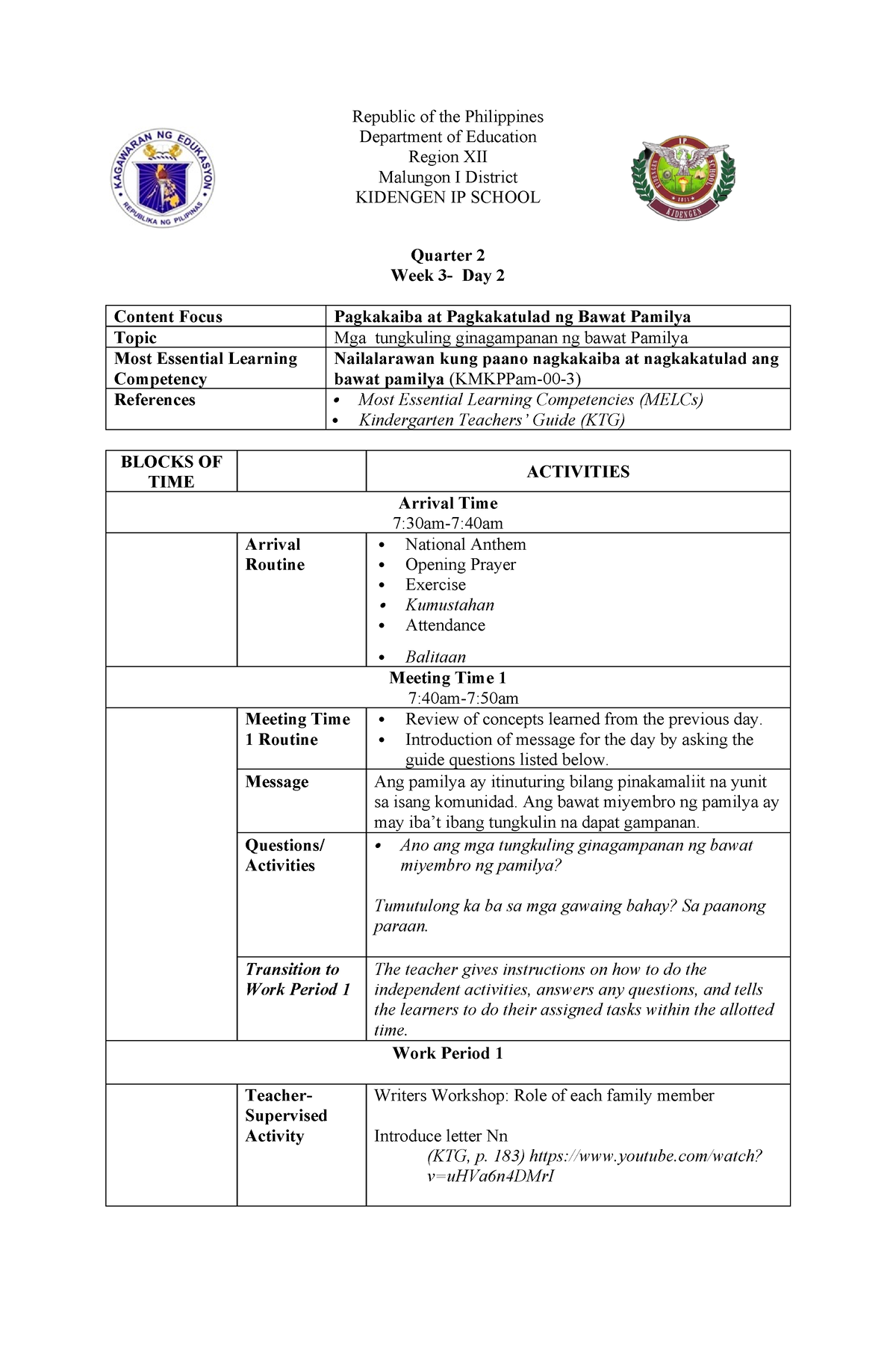 DLP Q3 WEEK 2 - semi-detailed lesson plan kinder - Republic of the ...