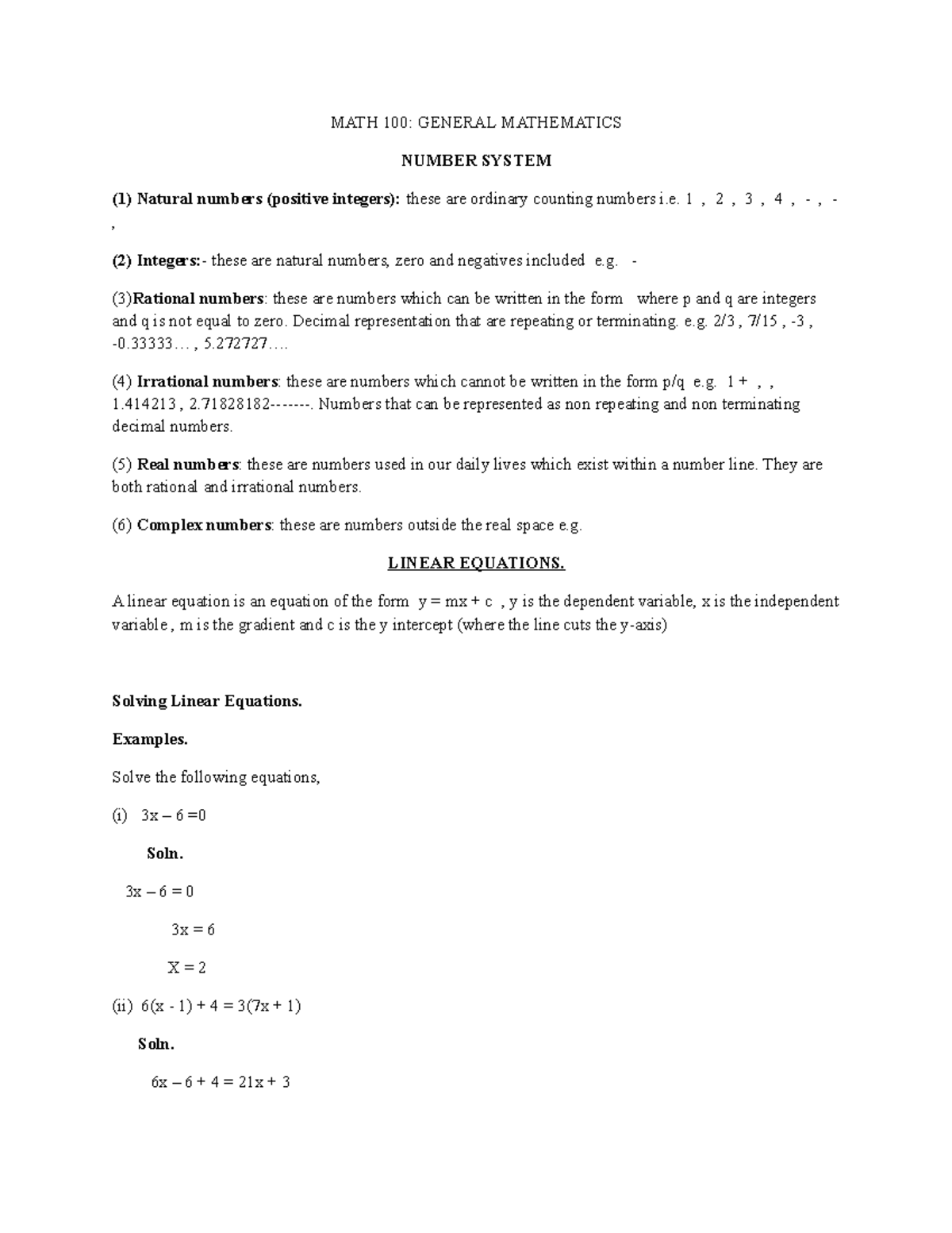 MATH 100 Notes -C - General mathematics - MATH 100: GENERAL MATHEMATICS ...