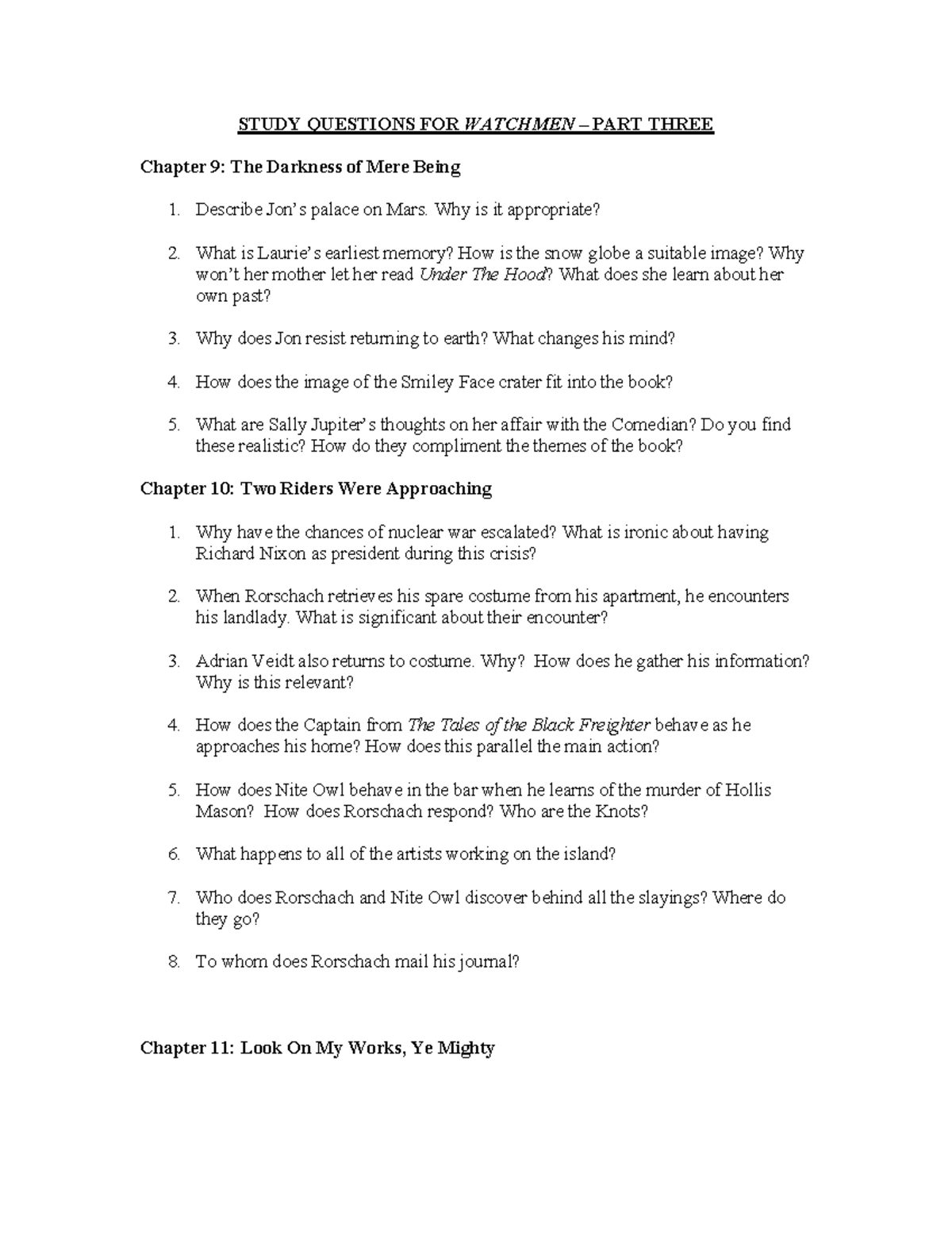 3 Study Questions for Watchmen Ch. 912 STUDY QUESTIONS FOR WATCHMEN