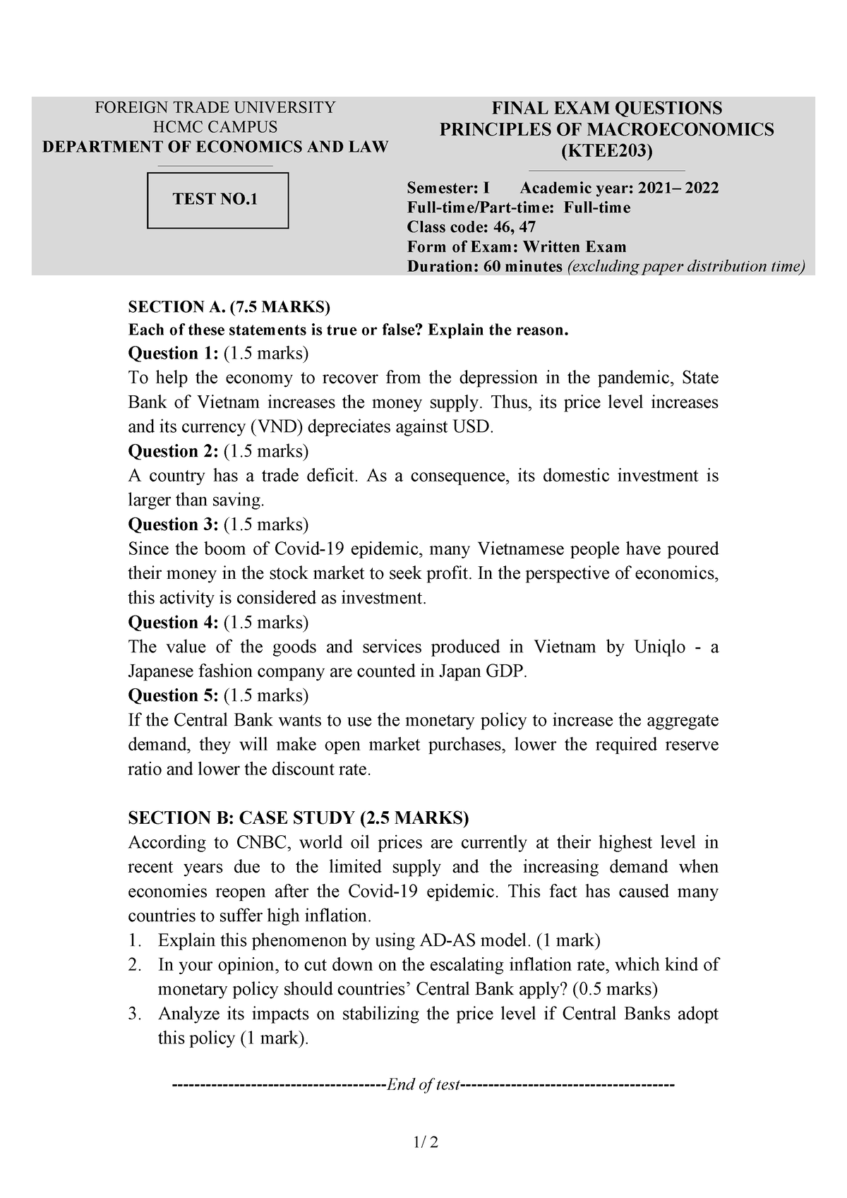 KTEE203 ML46, 47 - Final Exam In Macroeconomics - 1/ 2 FOREIGN TRADE ...