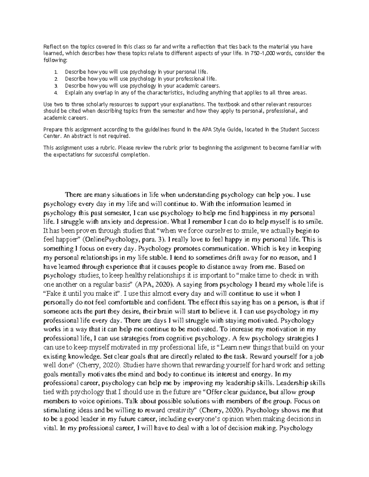 Applying Psych - Reflect on the topics covered in this class so far and ...