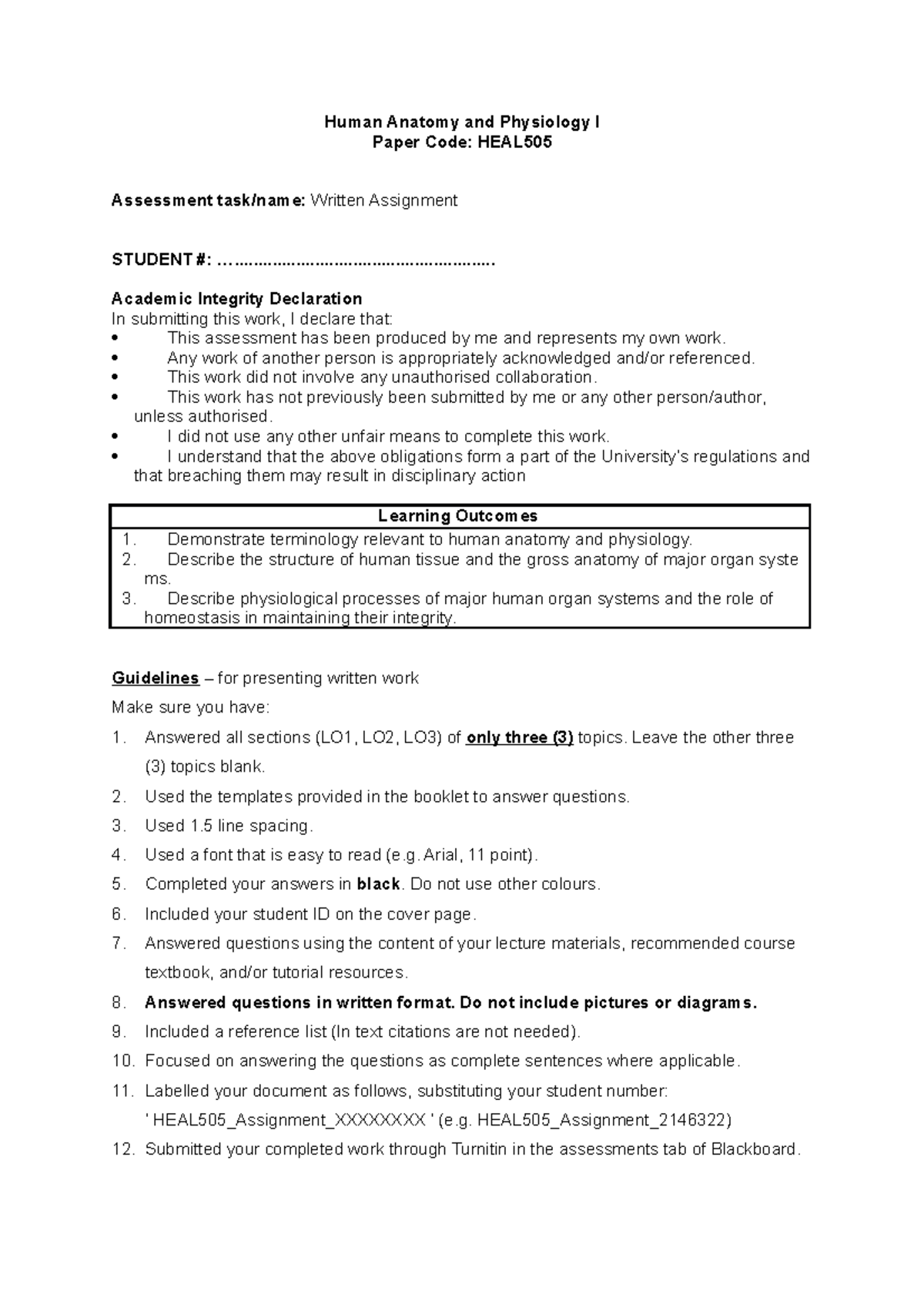 HEAL505 Assessment Booklet - Human Anatomy and Physiology I Paper Code ...