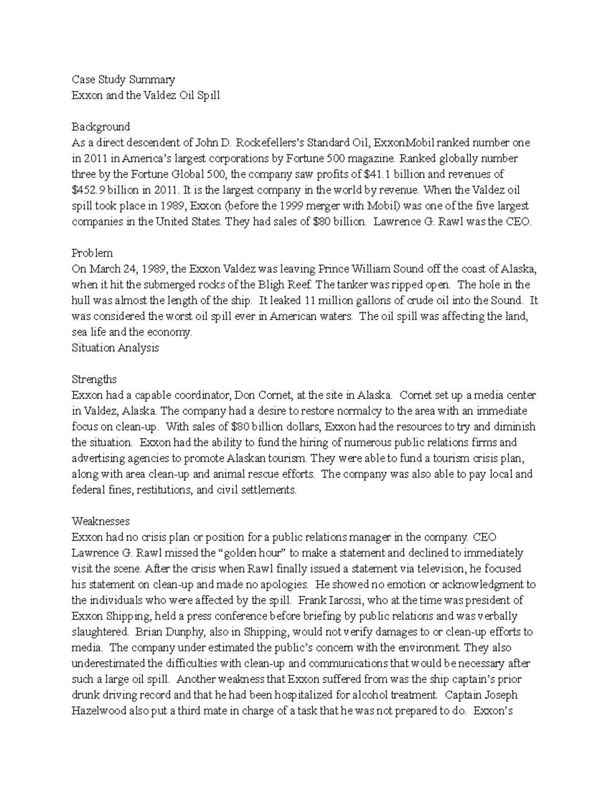 PRS340 Exxon Crisis Reading Case Study Summary Exxon and the Valdez
