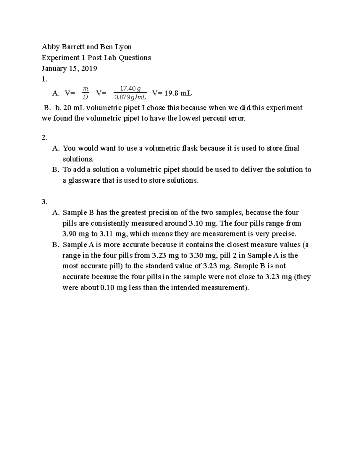 post lab questions experiment 1