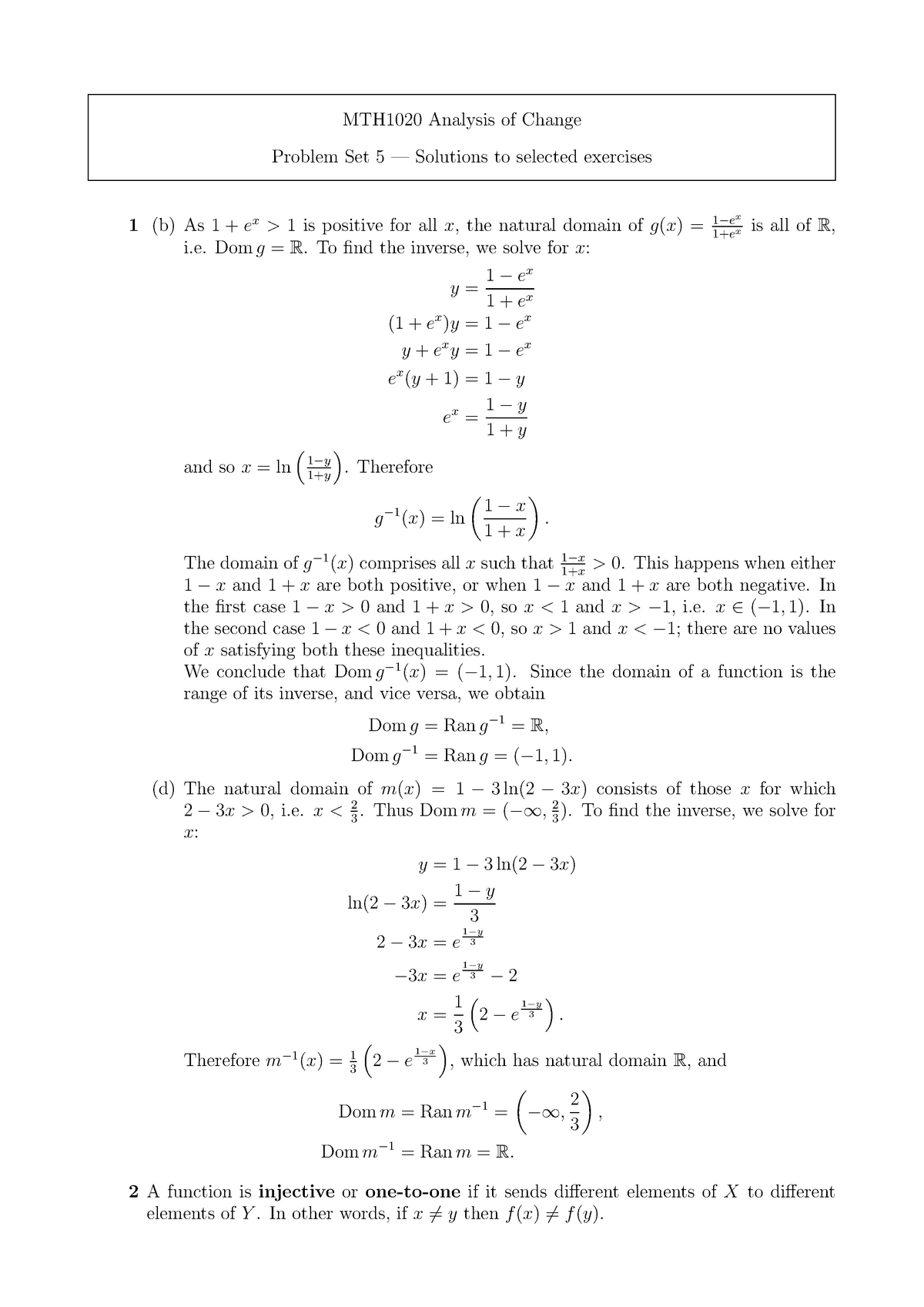 Problem Set 5 Solutions - MTH1020 Analysis Of Change Problem Set 5 ...