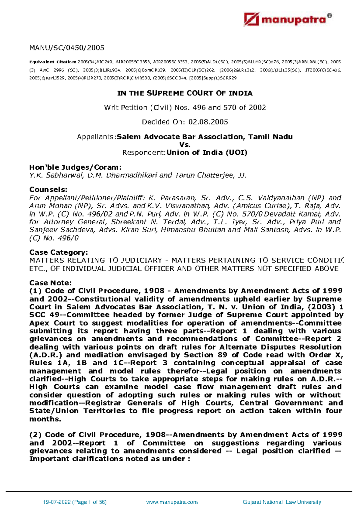 Salem Advocate Bar Association Tamil Nadu vs Union S 050450 COM108753