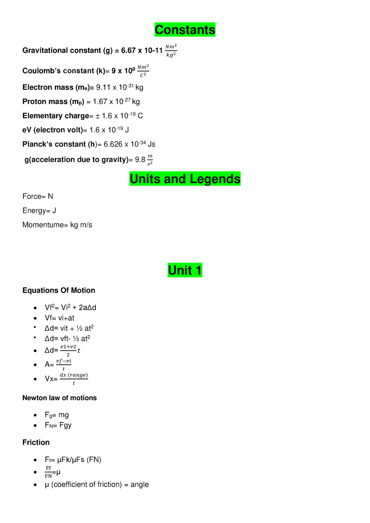 SPH4U Formula Sheet - Constants Gravitational Constant (g) = 6 X 10-11 ...