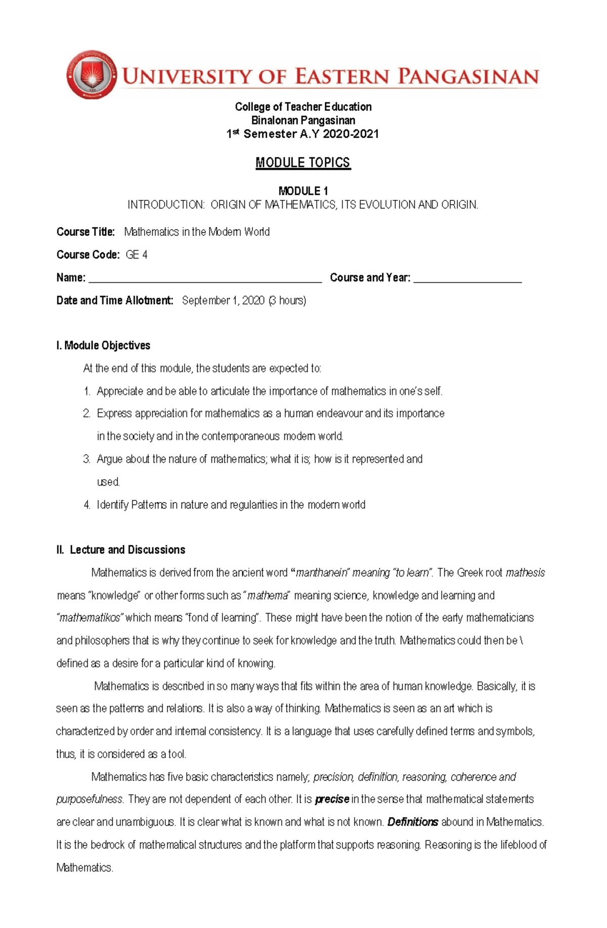 Module 1 (MMW) - College of Teacher Education Binalonan Pangasinan 1 st ...