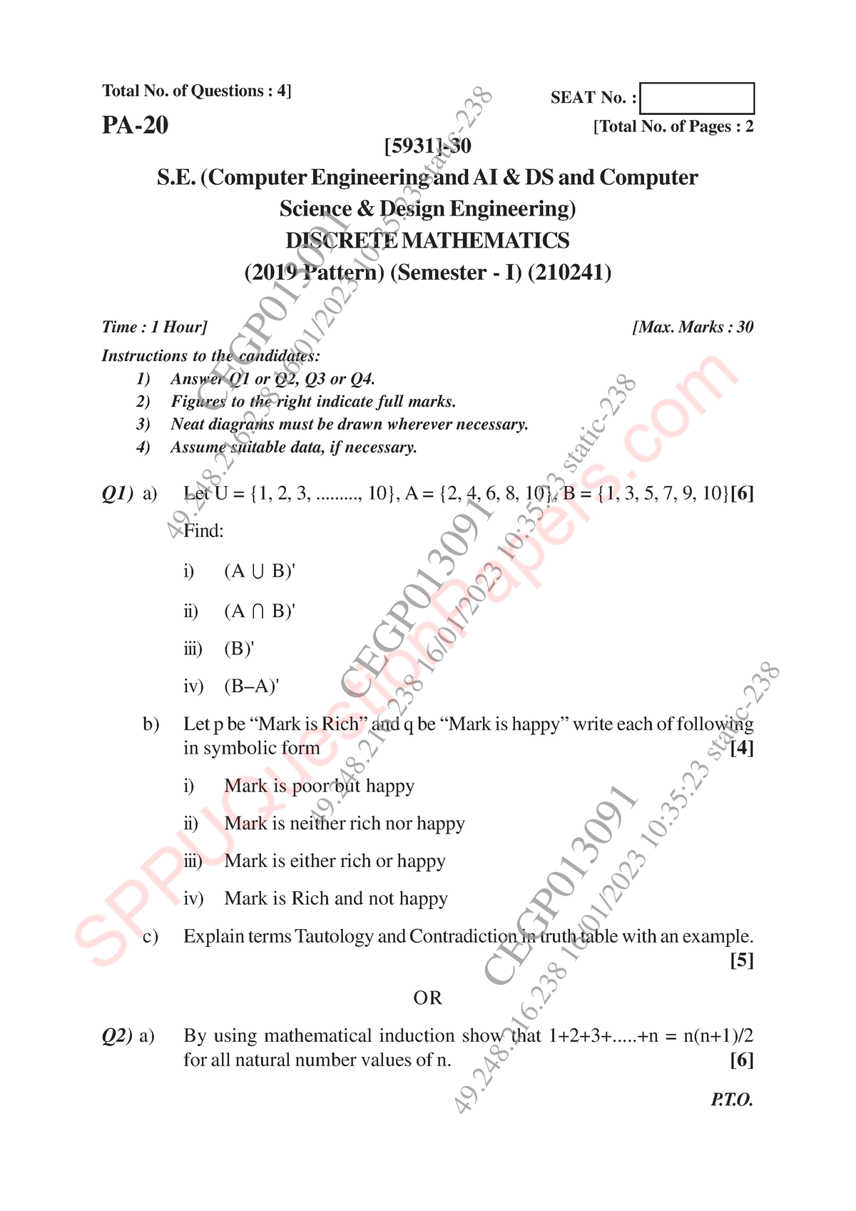 SE SEM3 Insem 2019 Patt - Total No. Of Questions : 4] [5931]- S ...