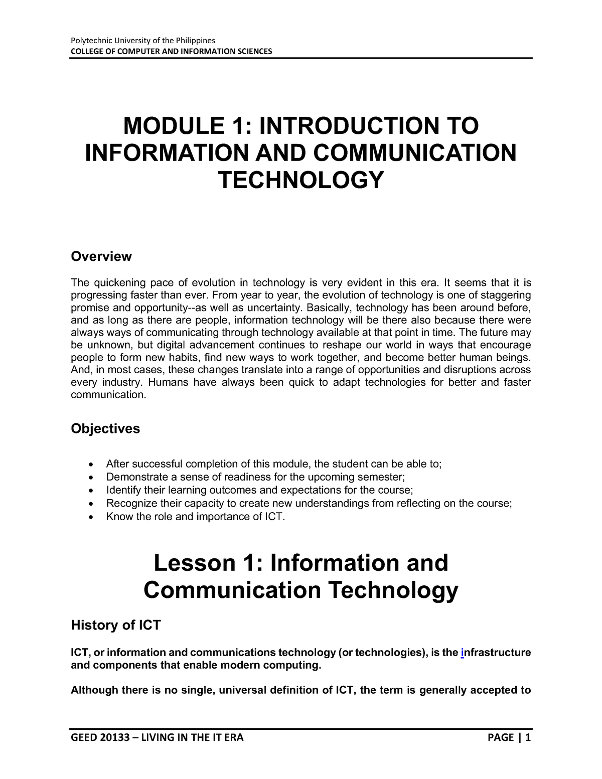 Module 1and2 - Homeworks - COLLEGE OF COMPUTER AND INFORMATION SCIENCES ...