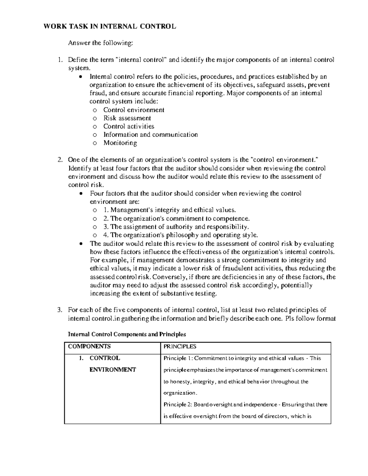 WORK TASK IN Internal Control Q - WORK TASK IN INTERNAL CONTROL Answer ...