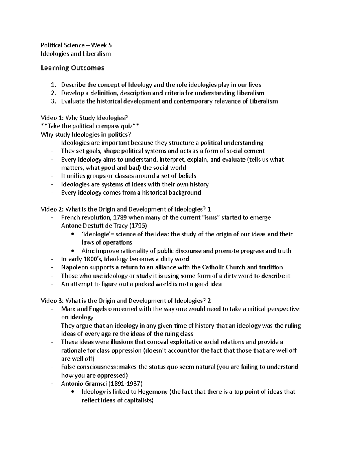 Political Science Week 5 Notes - Political Science – Week 5 Ideologies ...