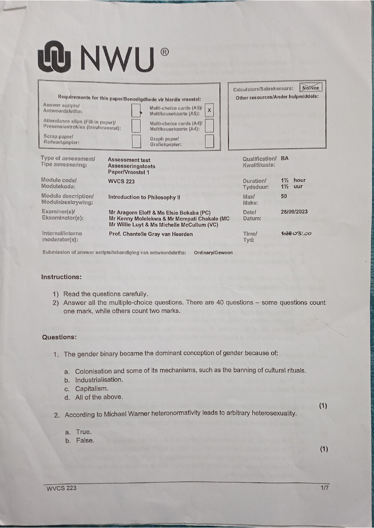 Wvcs 223 semester test - Past paper - LU NWU R Requirements for this ...