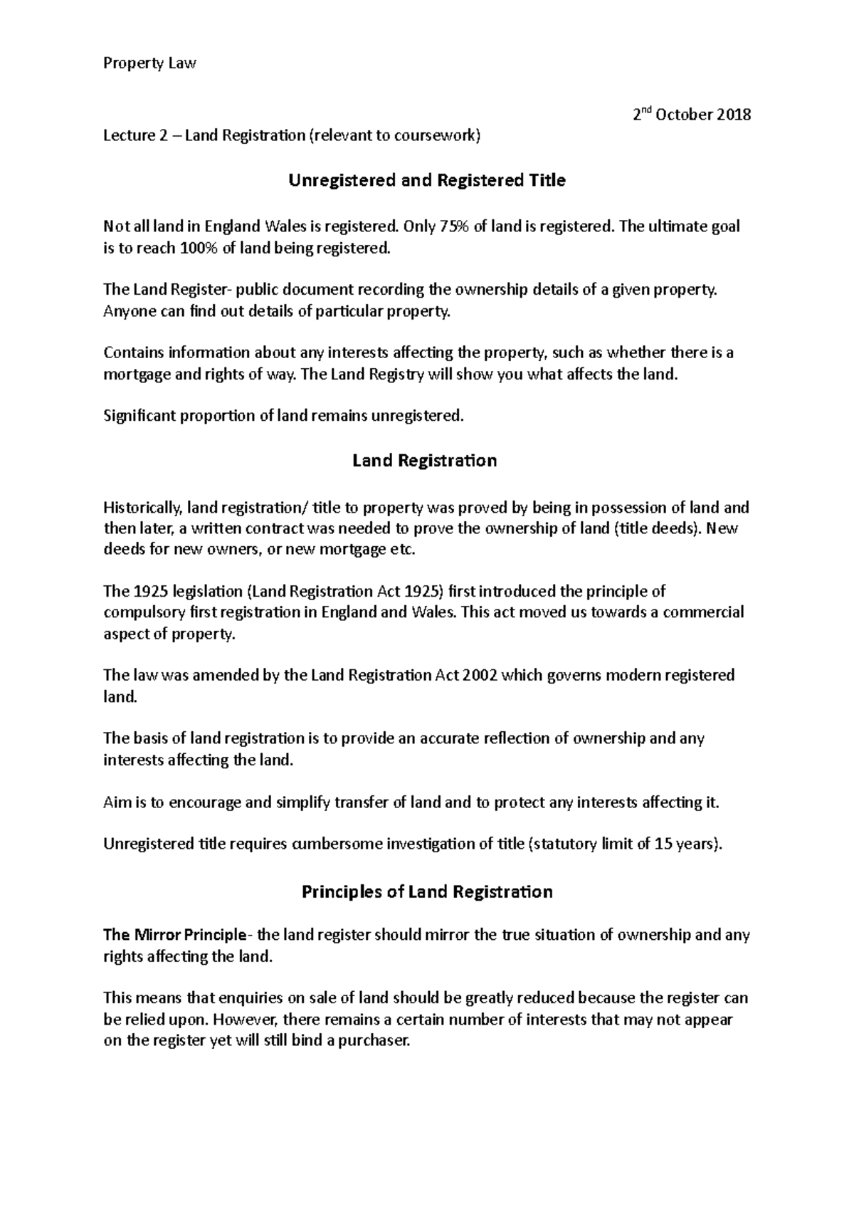 L2 Land Registration - Lecture notes 1 - Property Law Lecture 2 – Land ...
