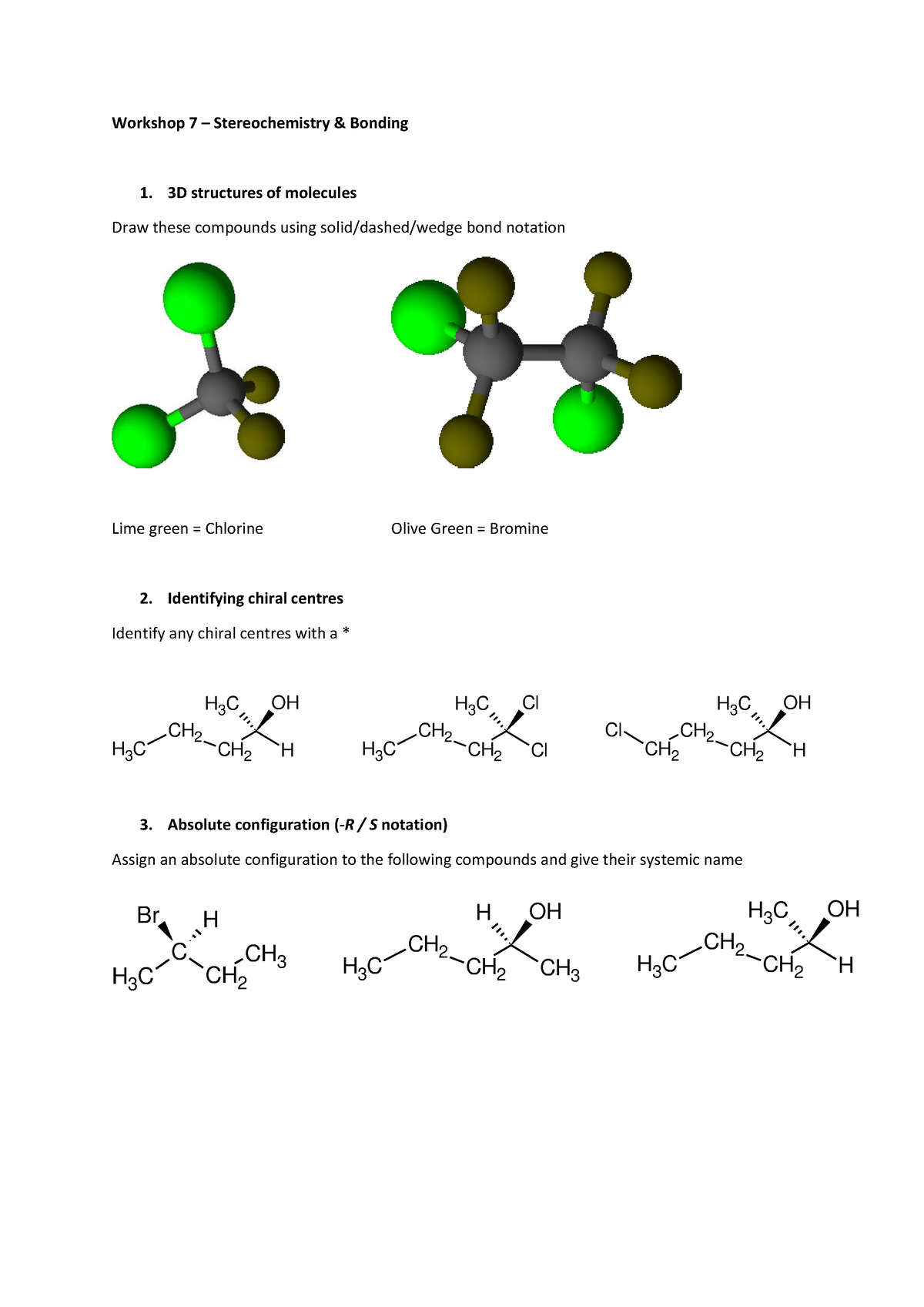 Workshop 7- Stereochemistry - Workshop 7 – Stereochemistry & Bonding 1 ...