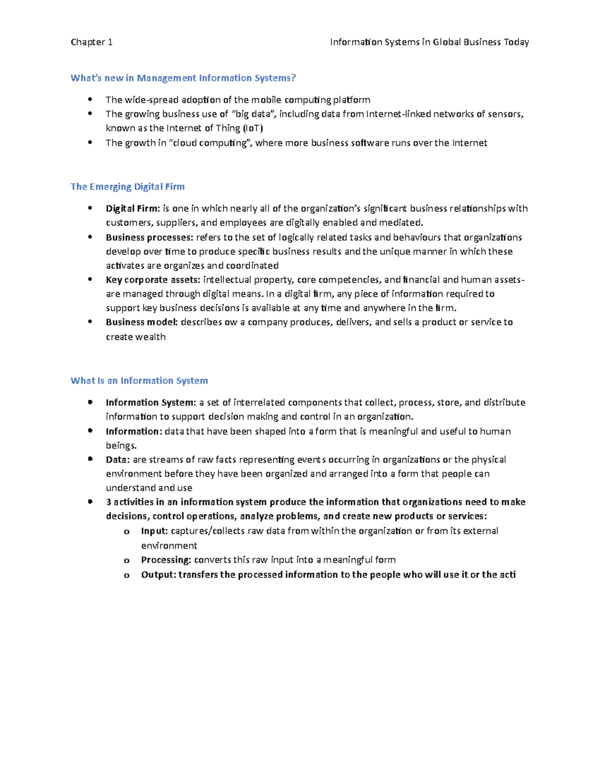 Chap1 Notes - Chapter 1 Information Systems In Global Business Today ...