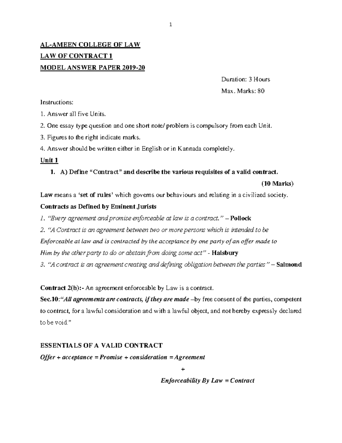 Contract I Model Answer 2020 - AL-AMEEN COLLEGE OF LAW LAW OF CONTRACT ...