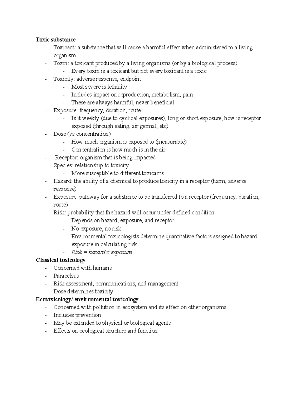 Env tox - notes for entire class - Toxic substance - Toxicant: a ...