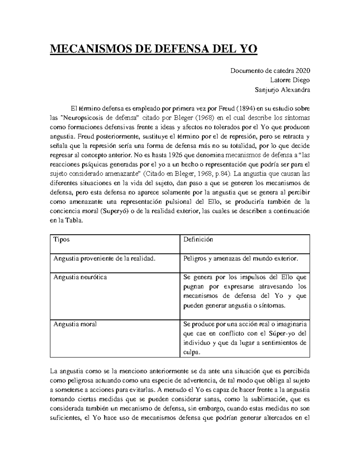 Mecanismos DE Defensa DEL YO - MECANISMOS DE DEFENSA DEL YO Documento ...