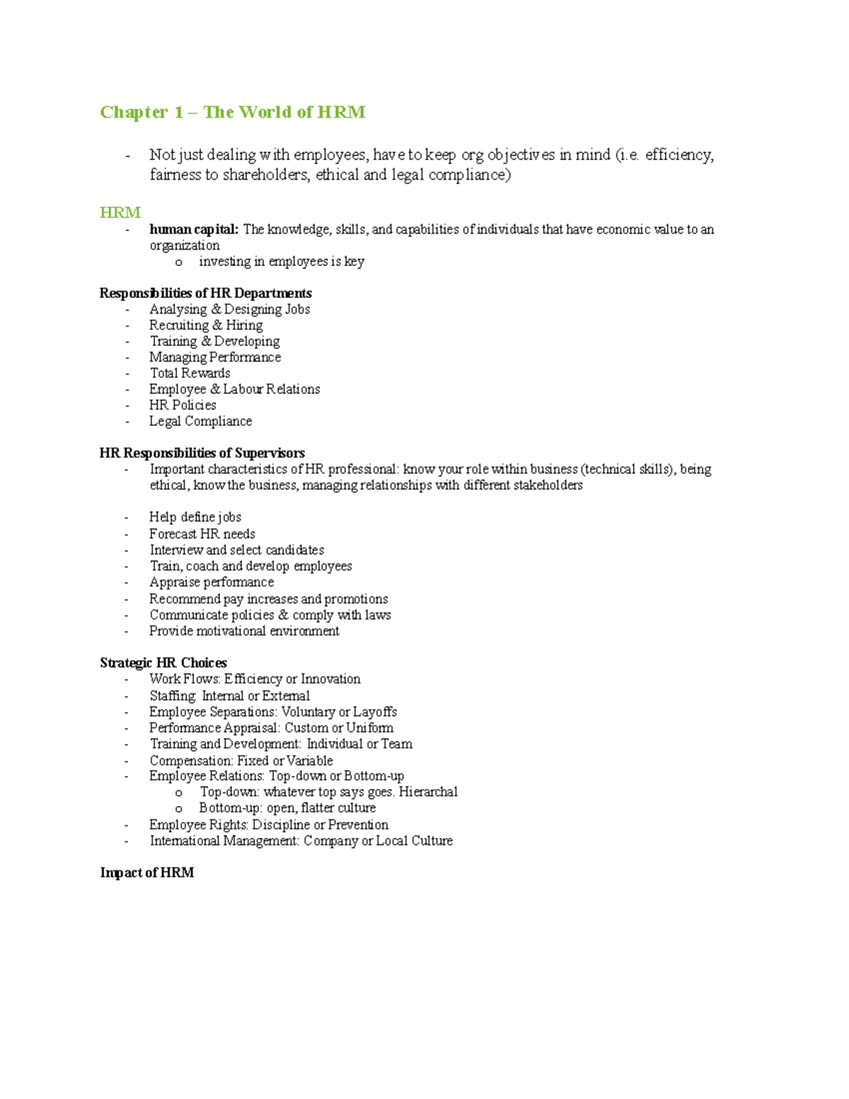 HR notes - Chapter 1 – The World of HRM - Not just dealing with ...