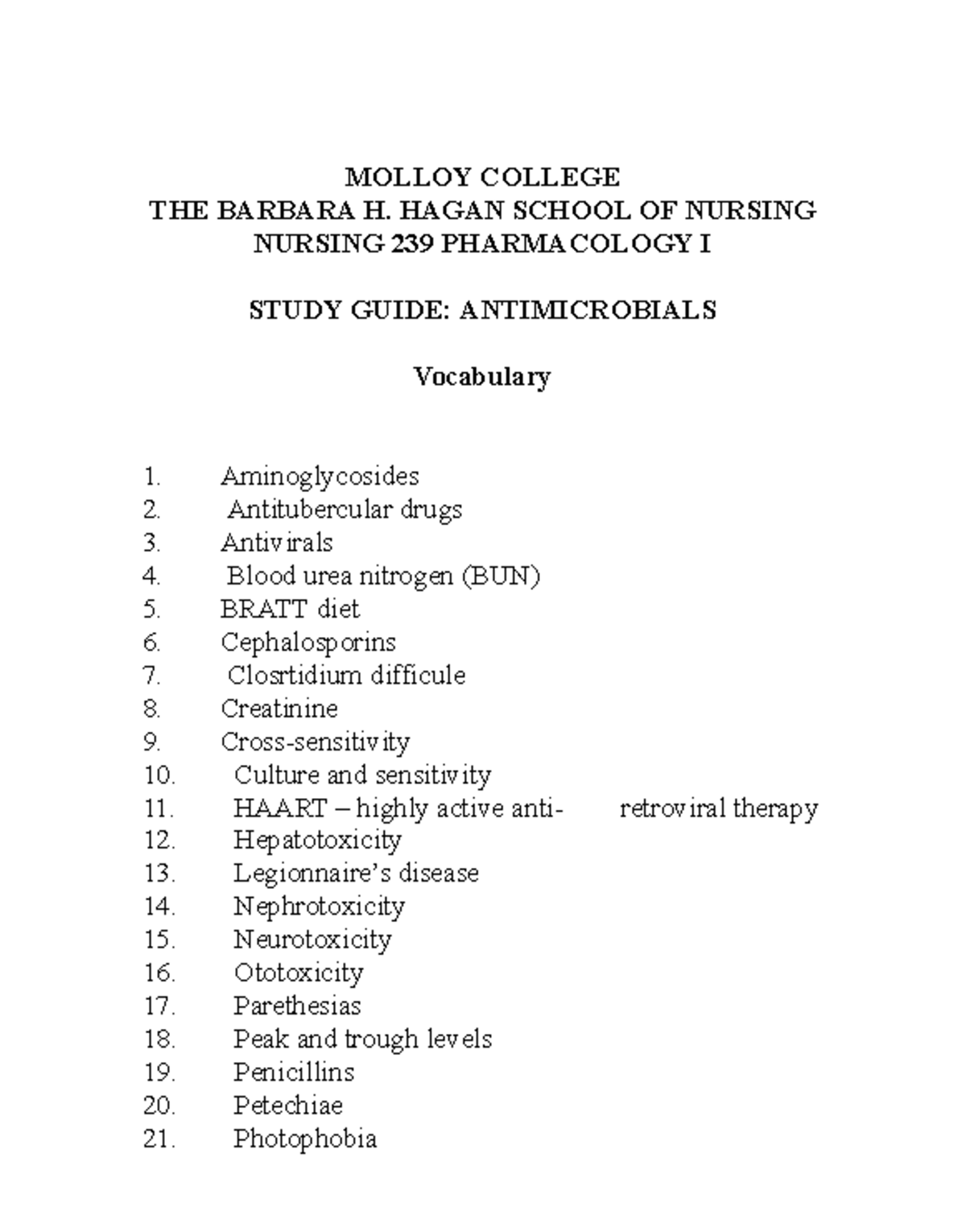Study+Guide+Antimicrobials - MOLLOY COLLEGE THE BARBARA H. HAGAN SCHOOL ...