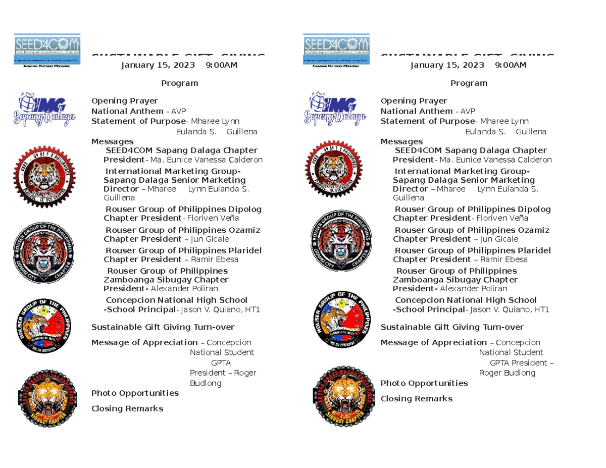 Sustainable gift giving program January 15, 2023 900AM Program