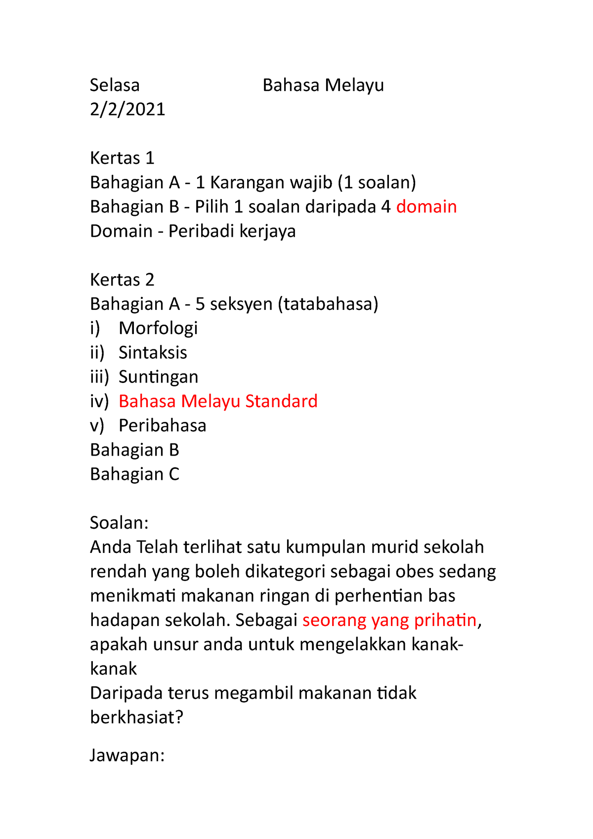 Note Bm 1 Nota Bm Selasa Bahasa Melayu 2 2 Kertas 1 Bahagian A 1