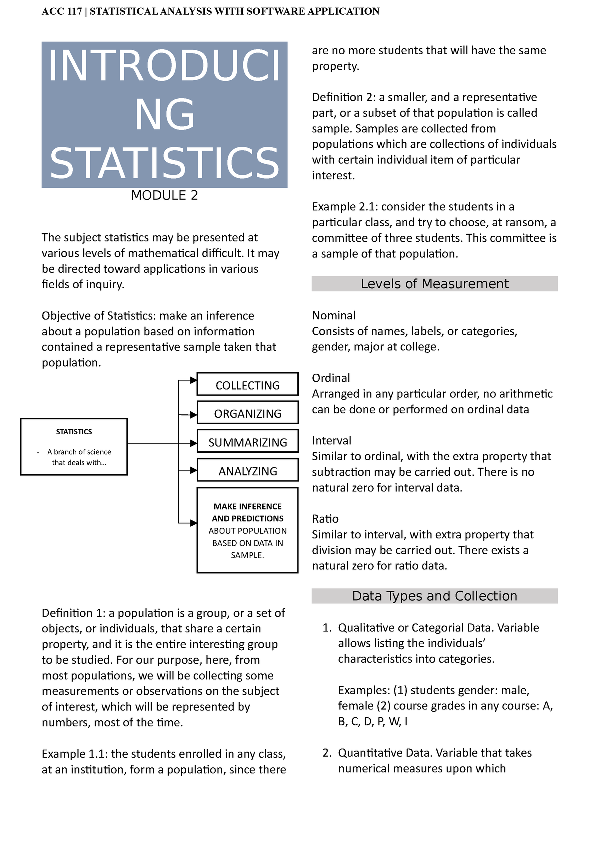 Statistics Lecture Notes - INTRODUCI NG STATISTICS MODULE 2 The Subject ...