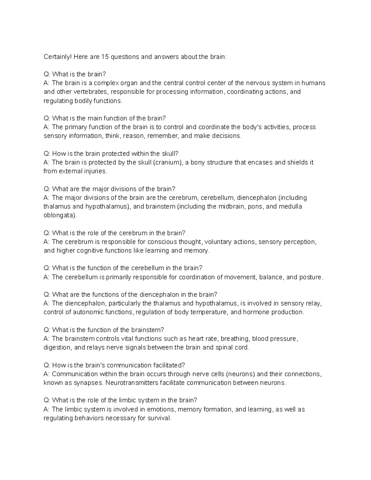 Chapter 6.7 Brain - Summaries - Certainly! Here Are 15 Questions And ...