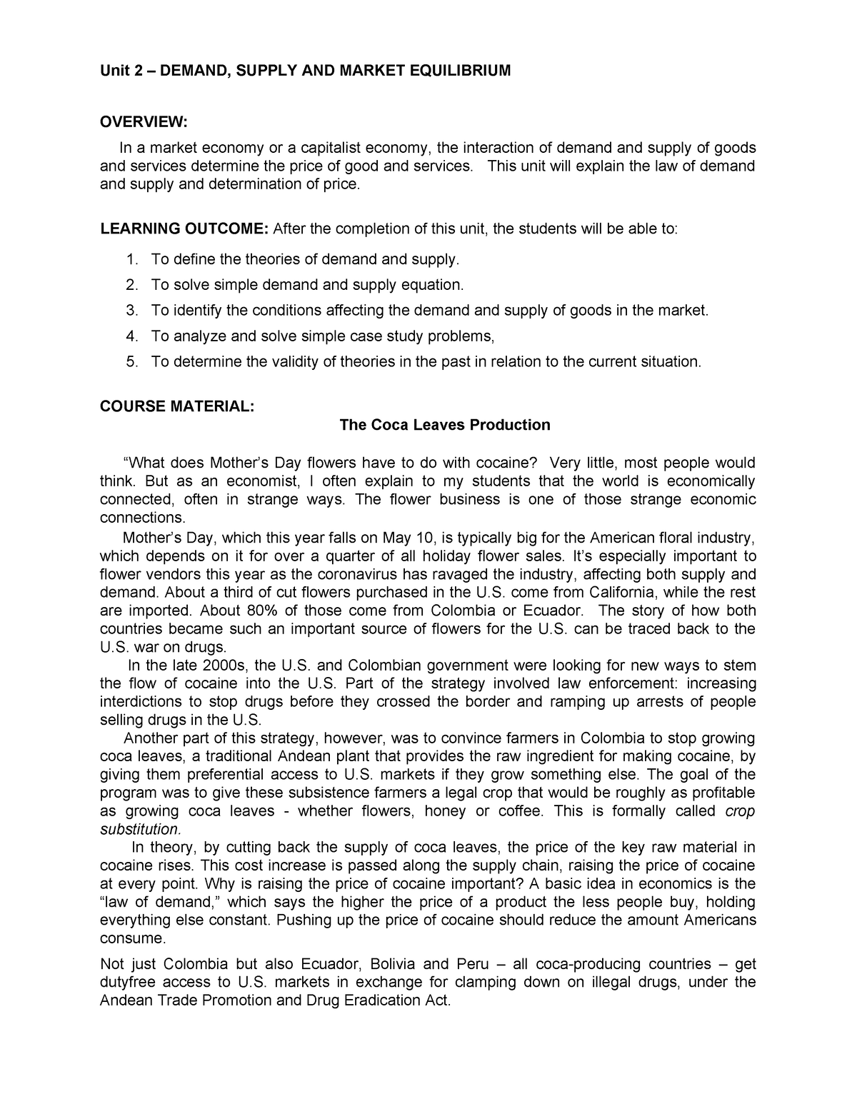 Unit 2 Law Of Demand And Supply - Unit 2 – Demand, Supply And Market 