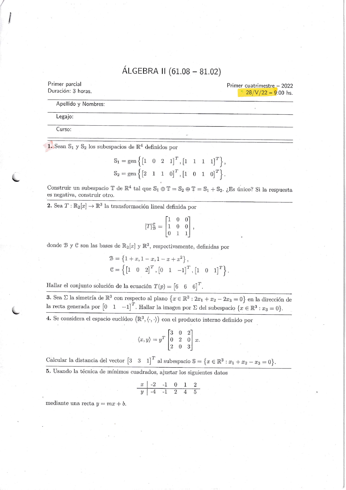 2022 Enunciados Parciales 1er Cuat 22 - I ALGEBRA Il (61. - Primer ...