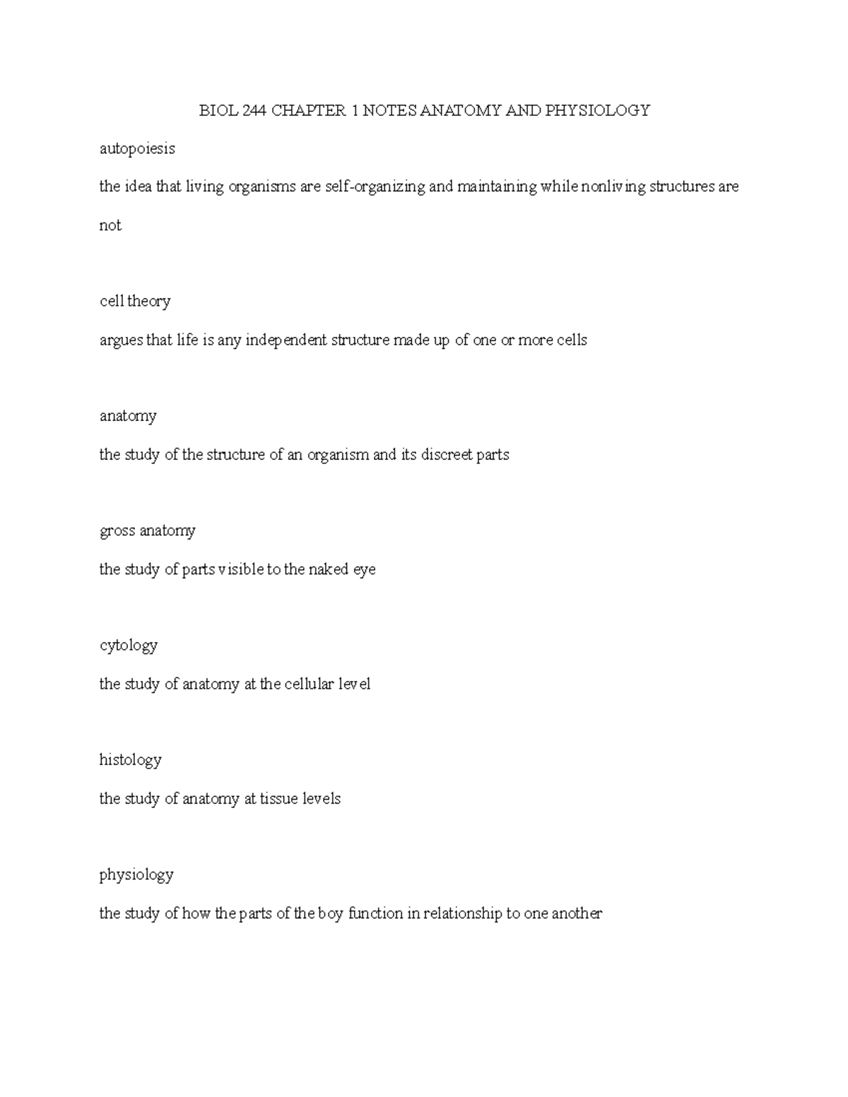 BIOL 244 Chapter 1 Notes Anatomy AND Physiology - BIOL 244 CHAPTER 1 ...