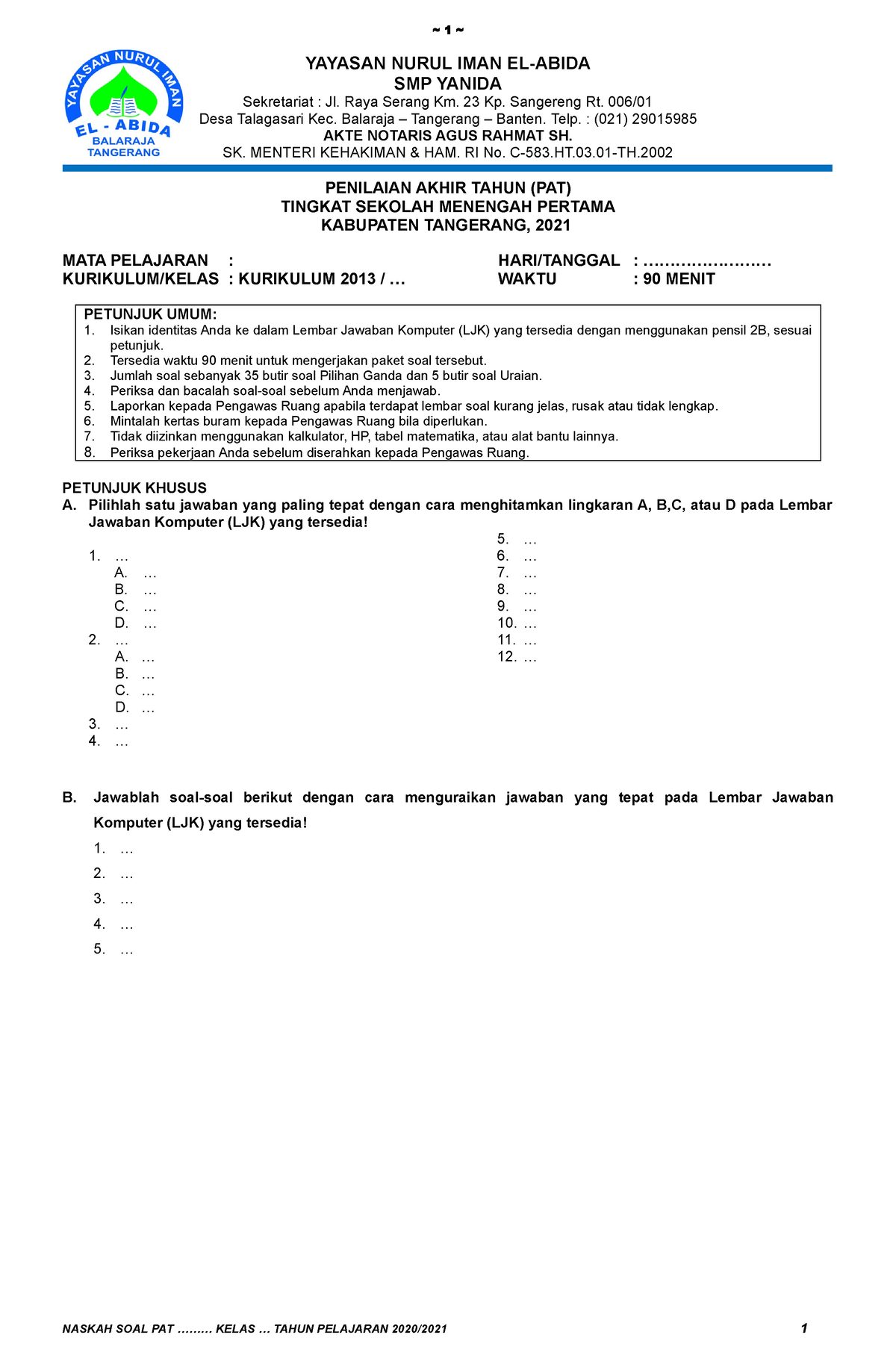 KOP SOAL PAT 2021 - KOP SOAL PAT 2021 - ~ 1 ~ YAYASAN NURUL IMAN EL ...