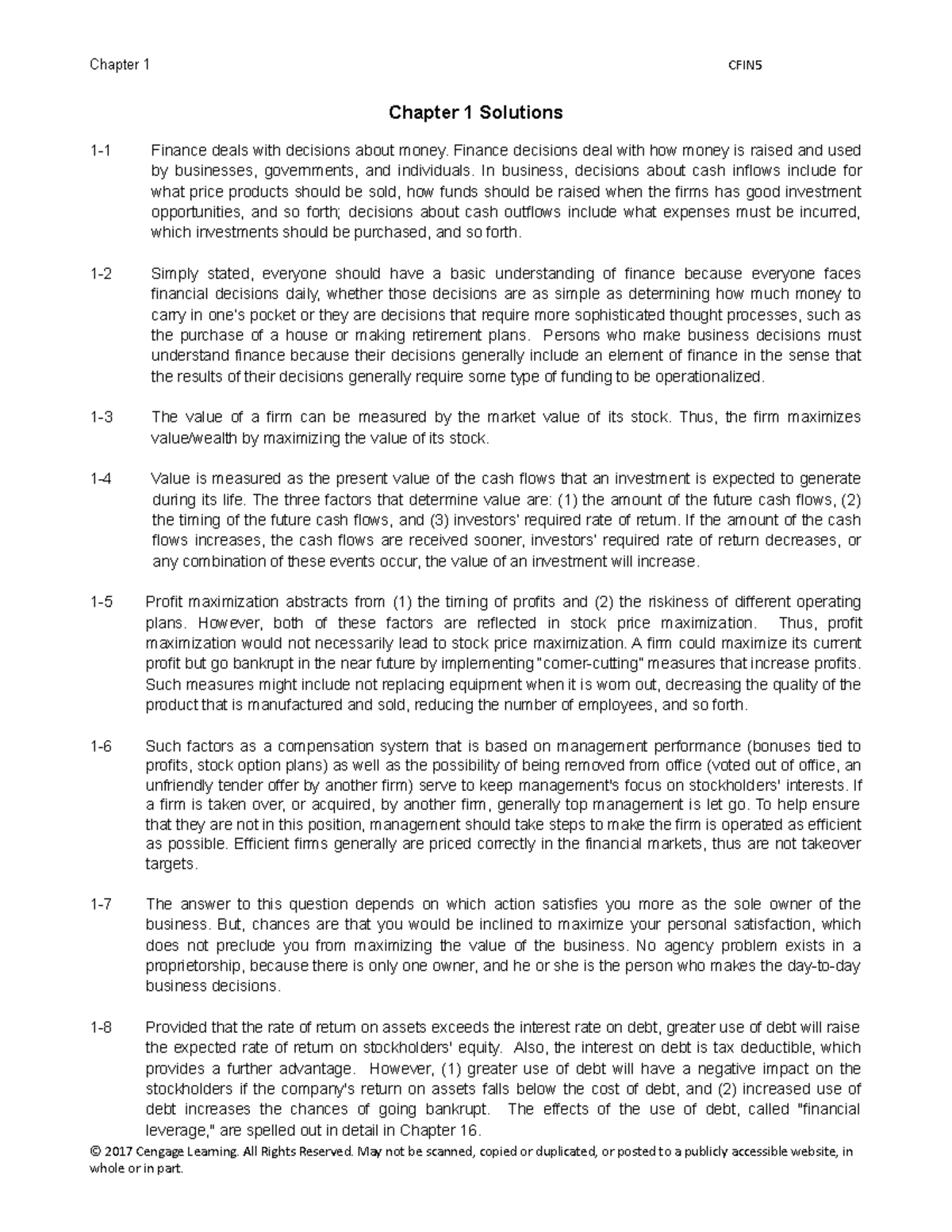 End of Chapter Solution - Chapter 1 Solutions 1-1 Finance deals with ...