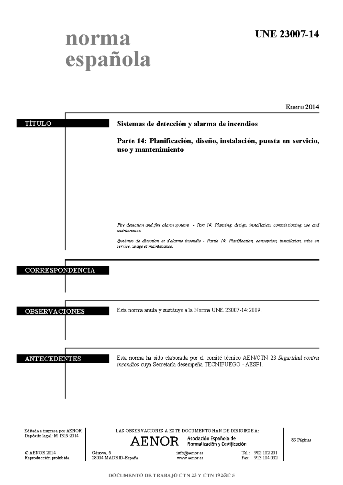 Une 23007 14 2014 - DETECCIÓN DE INCENDIOS - Norma Español TÍTULO ...
