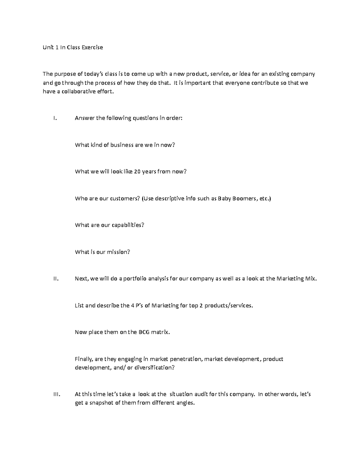 In-Class Exercise-Unit 1 - Unit 1 In Class Exercise The purpose of ...