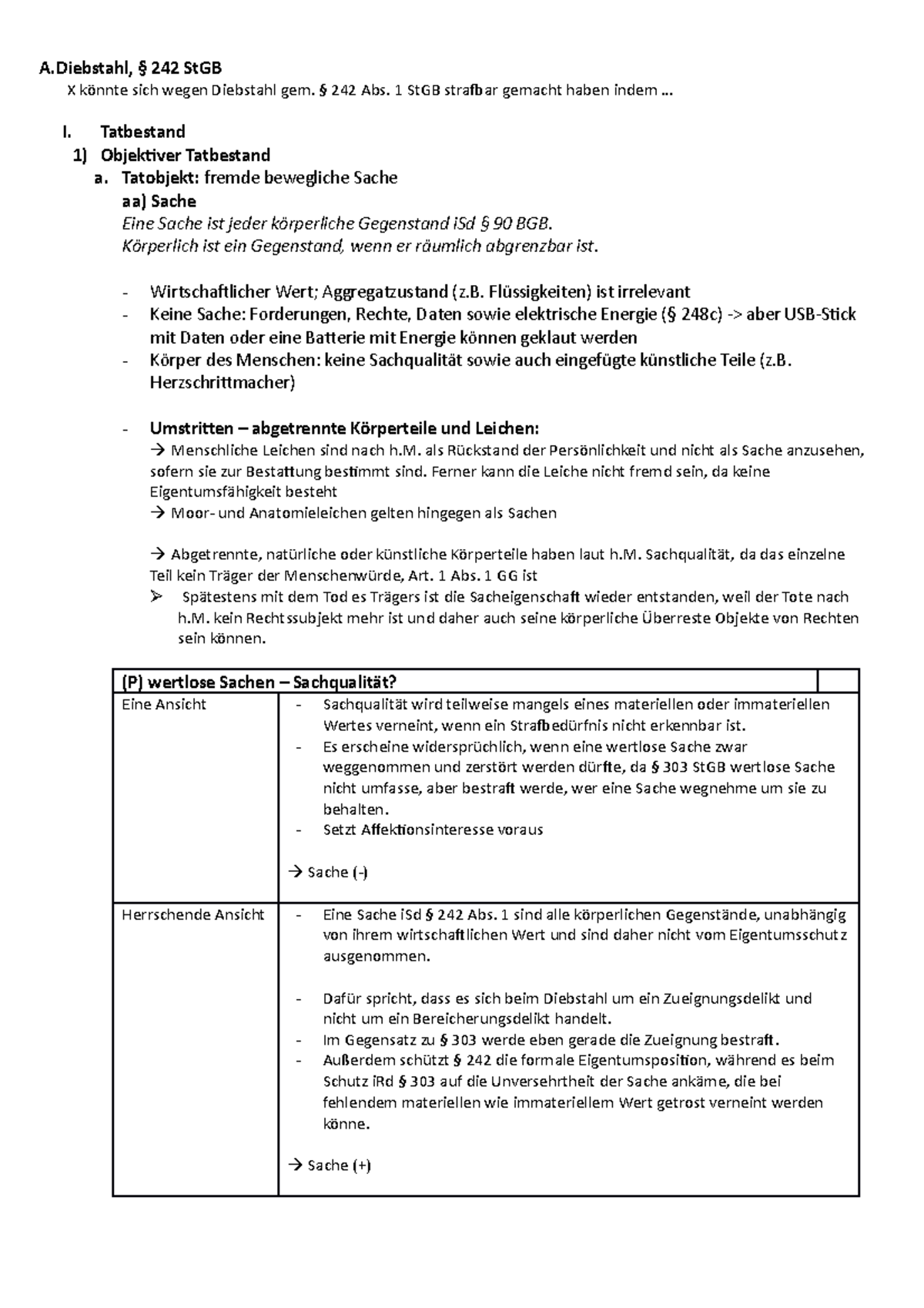 Diebstahl - Schema Ausformuliert - A, § 242 StGB X Könnte Sich Wegen ...