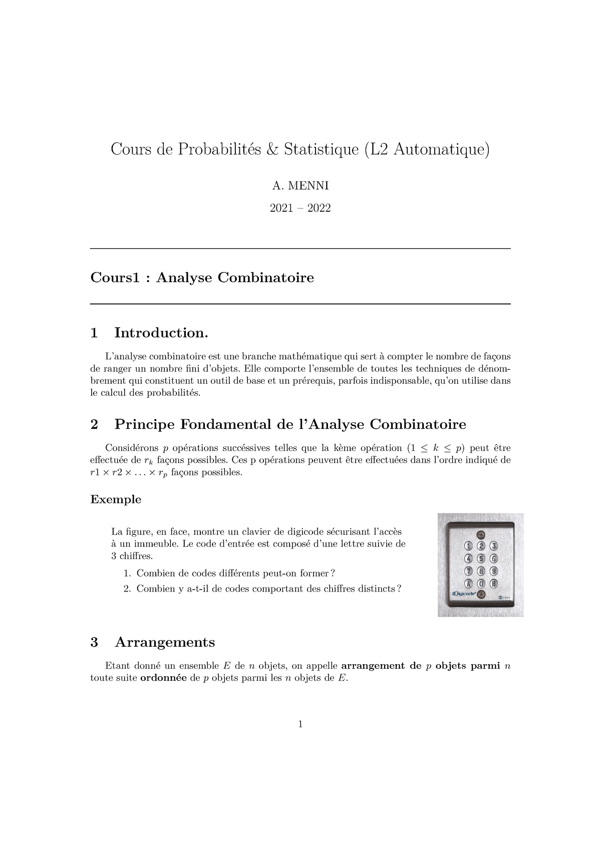 Cours 1 Analyse Combinatoire - Cours De Probabilités & Statistique (L2 ...