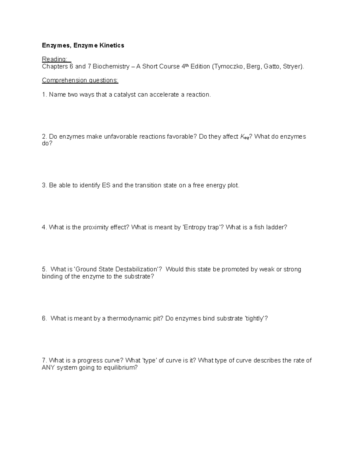 Study Guide Enzymes Enzyme Kinetics Reading Chapters And Biochemistry A Short Course