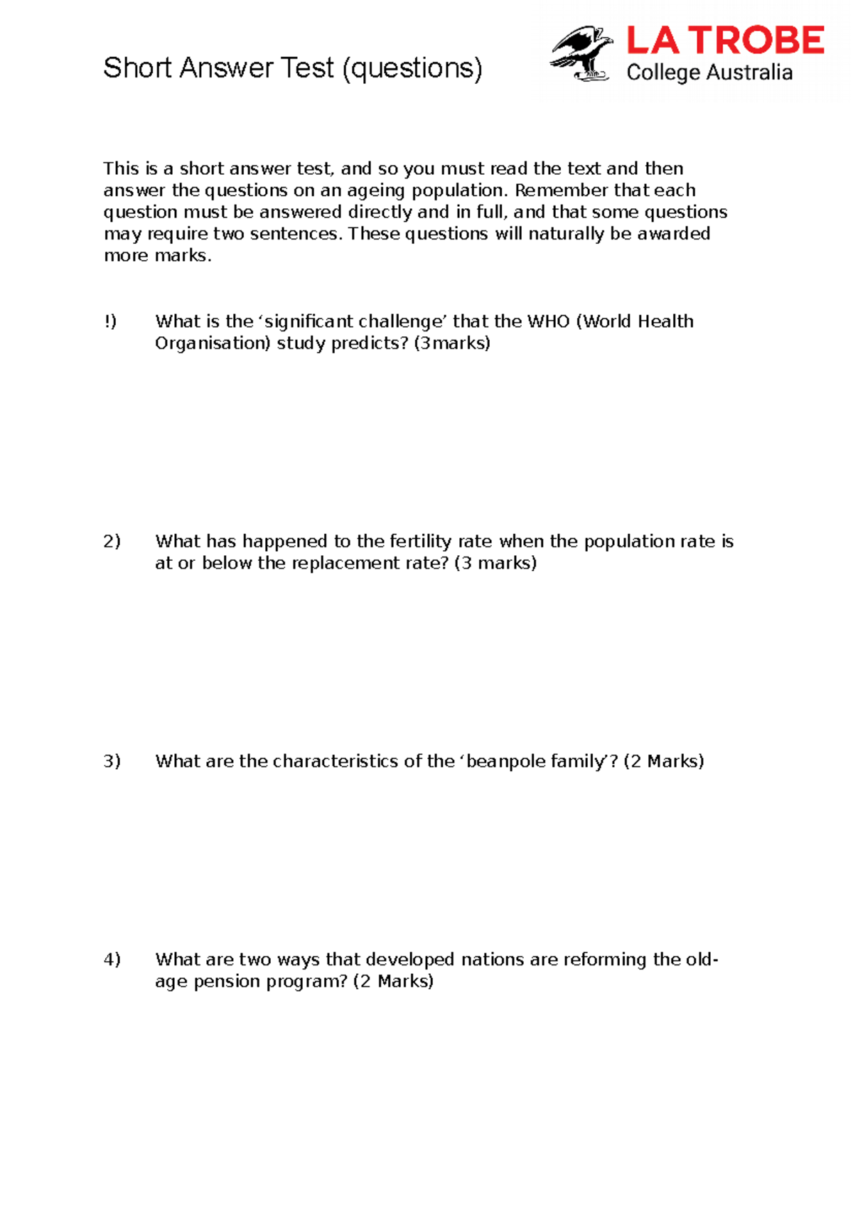 Short answer prac Qs Ageing Pop - Short Answer Test (questions) This is ...