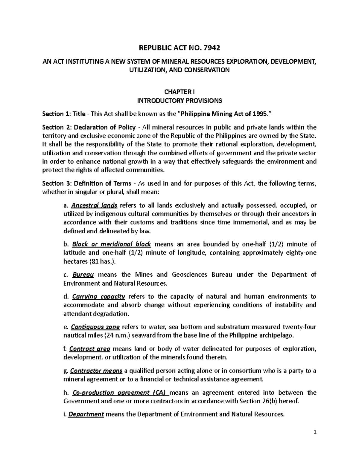 22 R.A. 7942 The Philippine Mining Act Of 1995 - REPUBLIC ACT NO. 7942 ...