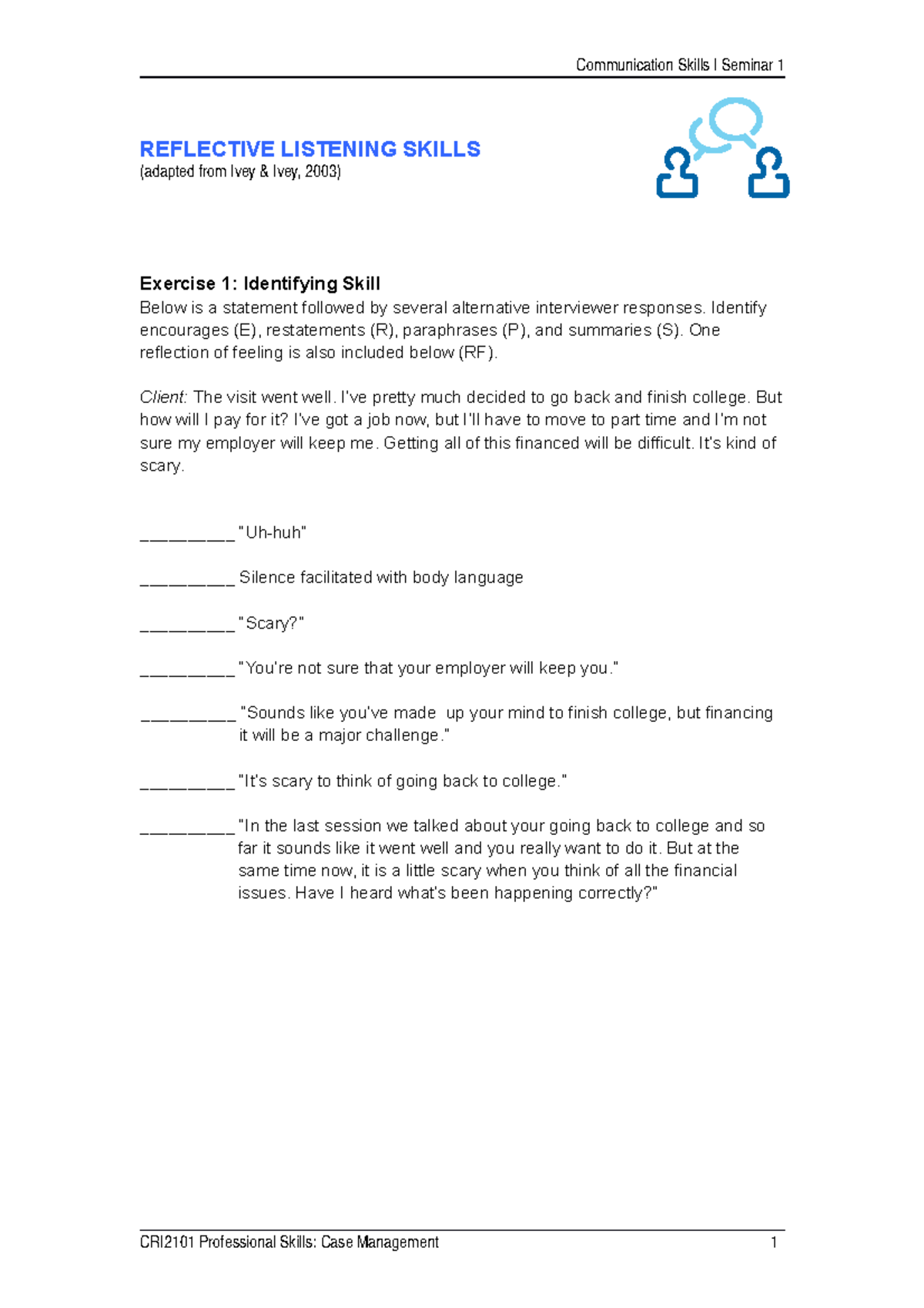 CRI2101 1 Reflecting Skills Worksheet Communication Skills Seminar