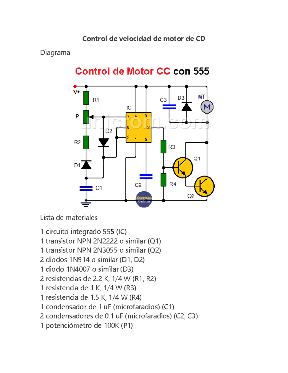 Control de velocidad de motor de CD - Electronica Analogica - Control ...