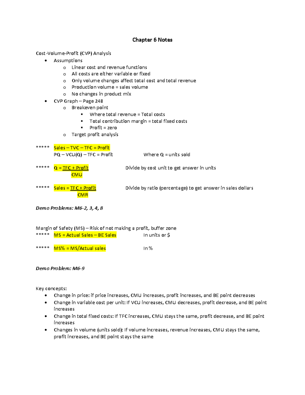 Ch 6 Notes Prin Of Accounting II - Chapter 6 Notes Cost-Volume-Profit ...