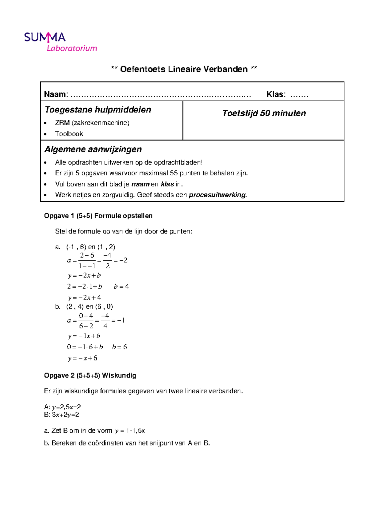 1516 Oefentoets Lineaire Verbanden Uitwerkingen - ** Oefentoets ...