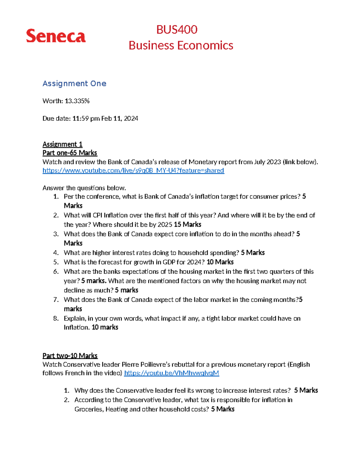 BUS400 Assignment 1 - BUS Business Economics Assignment One Worth: 13% ...